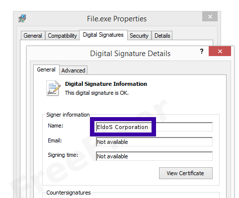 Screenshot of the EldoS Corporation certificate